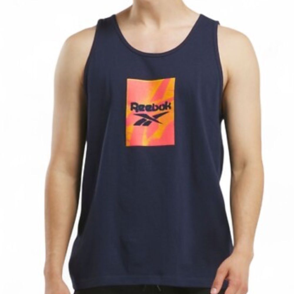 Reebok Men's Navy and Pink Graphic Tank Top